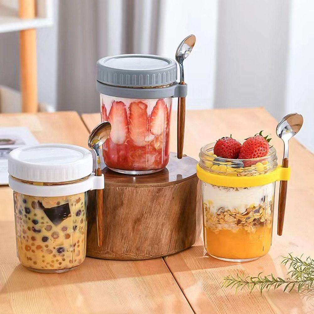 

with Lid and Spoon with Measurement Marks Overnight Oats Jars Cereal Box Food Container Salad Saver сірий