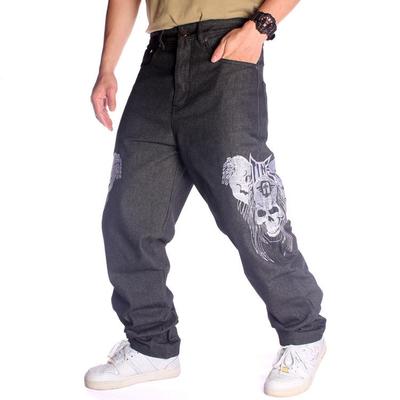 Men's Hip-Hop Street Dance Jeans: Trendy, Embroidered Skull, Straight, Loose, Casual Skateboard Pants, Plus Size Available.