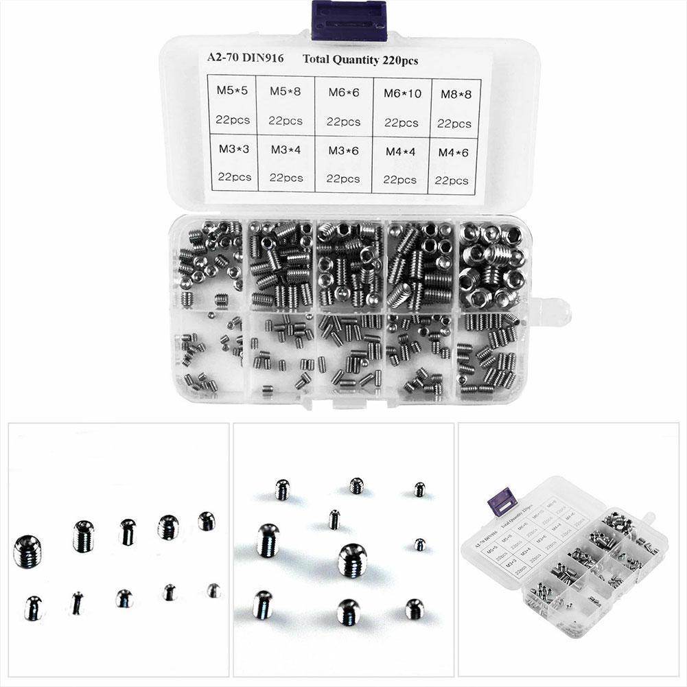 220pcs Stainless Steel Hex Set Screw Assortment Kit For Electronic Products, Chemical Industry, Mechanical Equipment, Furniture