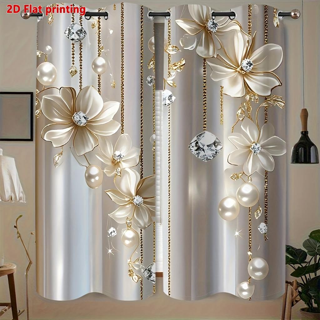 2 Stück Polyester Gold-Silber Blumenmuster Fenster Vorhänge Geburtstagsparty Dekoration Hintergrund Vorhänge für Wohnzimmer