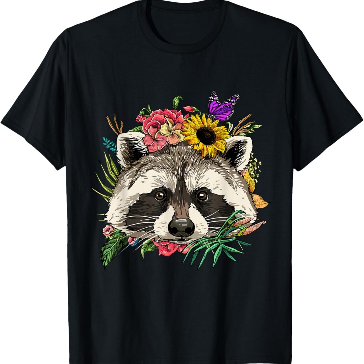 Raccoon Shirt Floral Raccoon Face Trash Panda Raccoon Lover T-Shirt S чёрный
