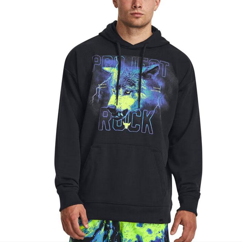 Under Armour Johnson Series Letter Print High Weight Cotton Sports Hoodie Men Hoodies Black 1380152-001