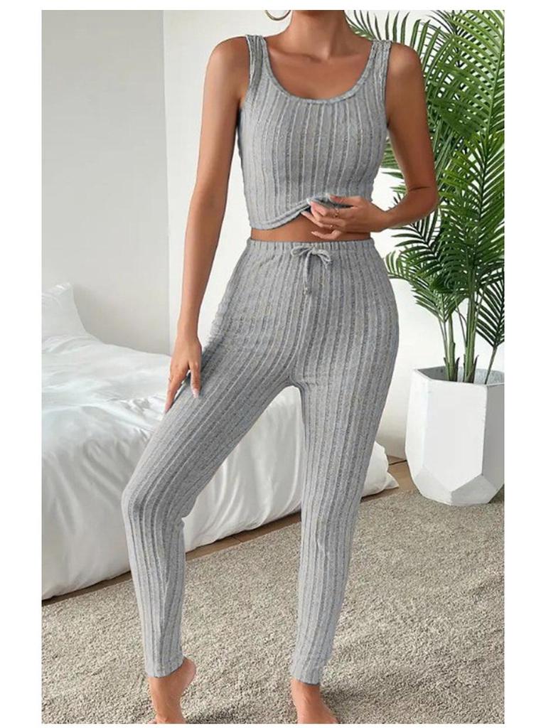 Nieuwe Stijlvolle Ronde Hals Geribbelde Effen Kleur Dames Driekwart Set