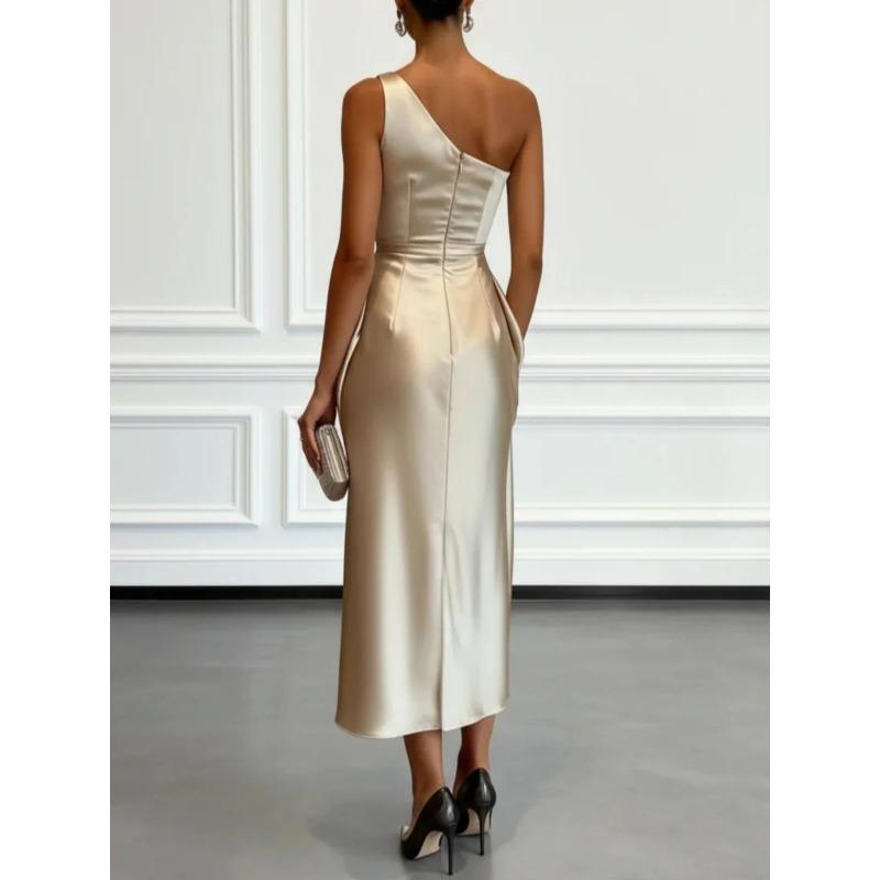 Satin Midi Dress with Ruched Waist Elegant Sleeveless Party Gown