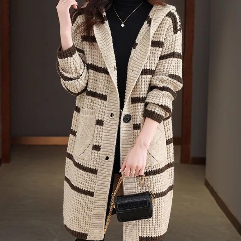 Autumn Hooded Thickened Mid-length Sweater Jacket Loose Striped Large Size Knitted Cardigan