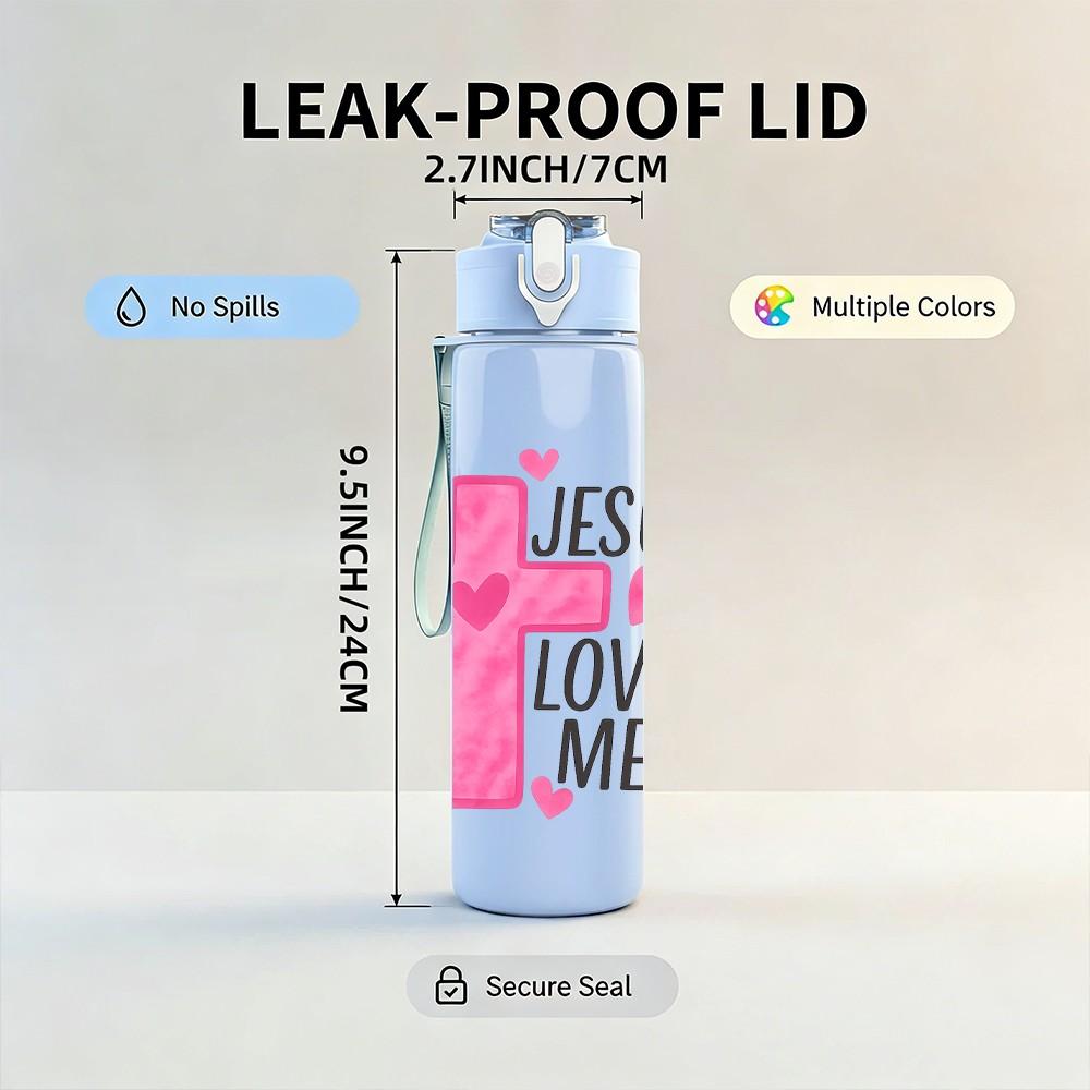 1PC Jesus Loves Me Pink Cross Heart 750ml Color Plastic Sports Water Bottle Leakproof Flip Straw Lid Suitable for Sports Office Home Use