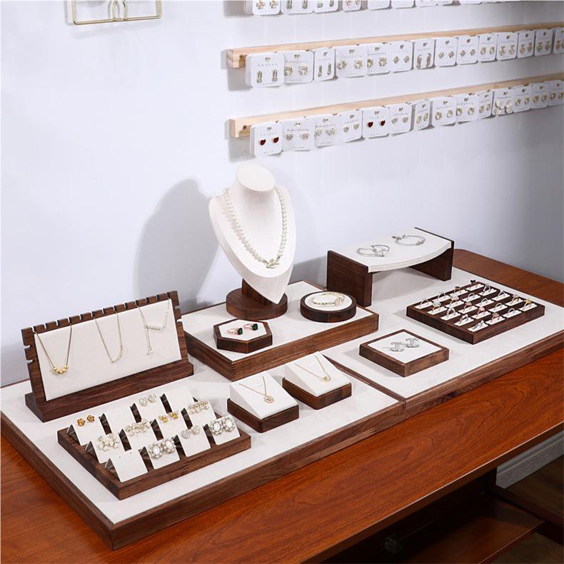 Walnut Wood Microfiber Jewelry Display Set for Necklace, Ring, Earrings, and Bracelet.