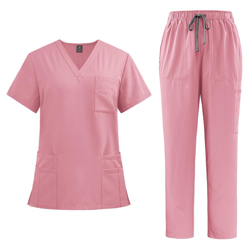 Unisex V-Neck Medical Work Scrub Suit with Pockets and Straight-Leg Pants