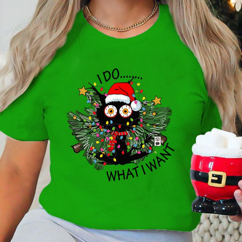 T Shirt for Women Christmas Black Cat Print T-shirt Girl Short Sleeve Crew Neck Casual Top for Xmas Party Women's Shirt Clothing