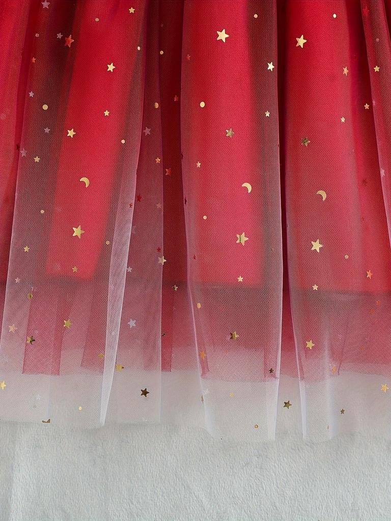 Girls Long Sleeve Red Velvet Star Moon Tulle Dress Kids Spring Autumn Princess Dress