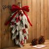 Winter Holiday Home Decor Flocked Christmas Teardrop Swag for Front Door, Artificial Pine with Red Wreaths Berries Velvet Bow, Snowy Hanging