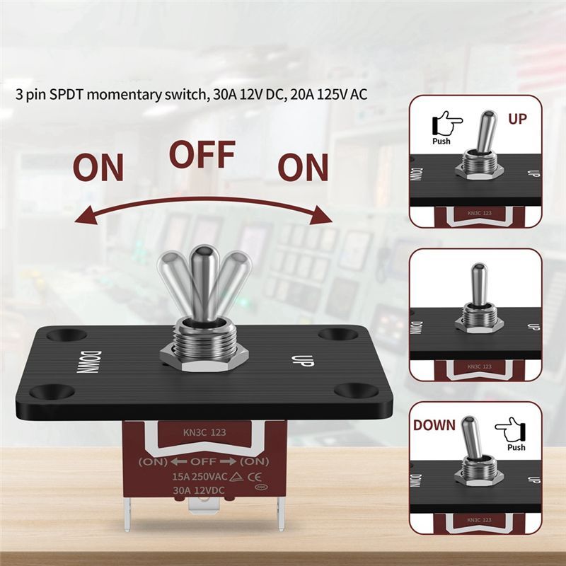 AA92-Momentary 30A Toggle Switch Waterproof 12V (ON)/Off/(ON) 3 Pin SPDT With UP/Down Mounting Plate For RV Motor Control