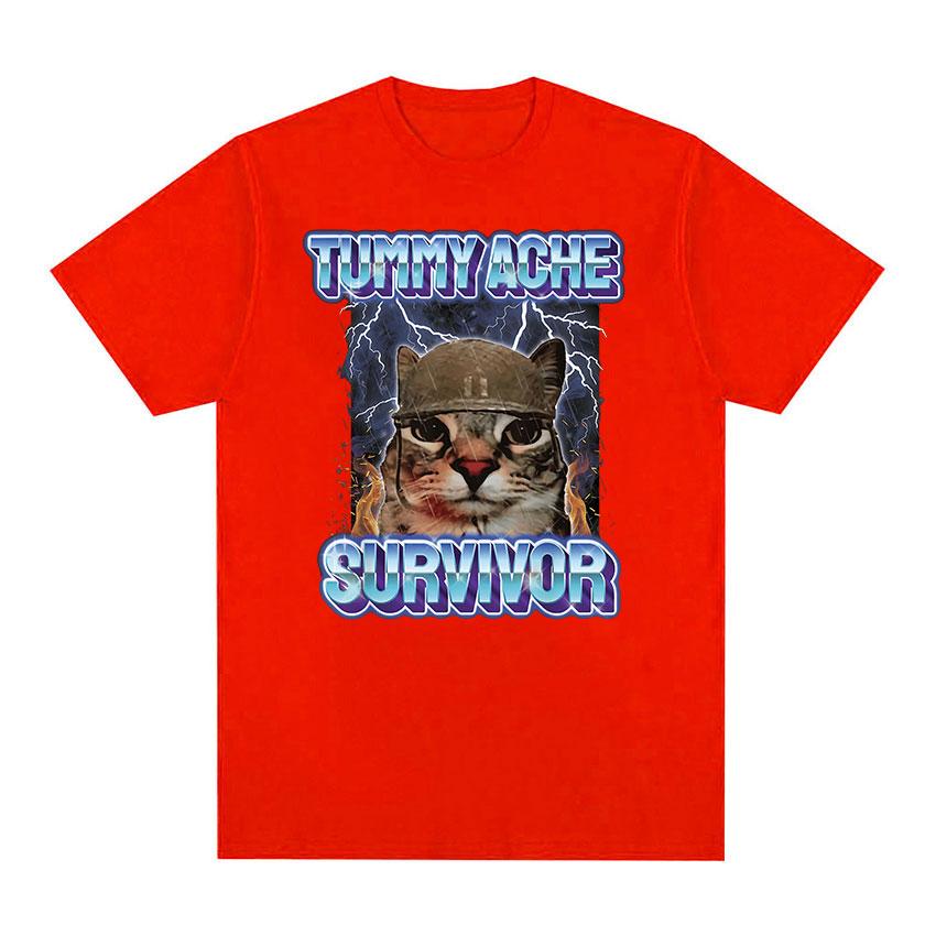 Vintage Tummy Ache Survivor Funny Cat Meme Tee Shirt Men Women Clothing Fashion Short Sleeve T-shirt Casual Pure Cotton T Shirts