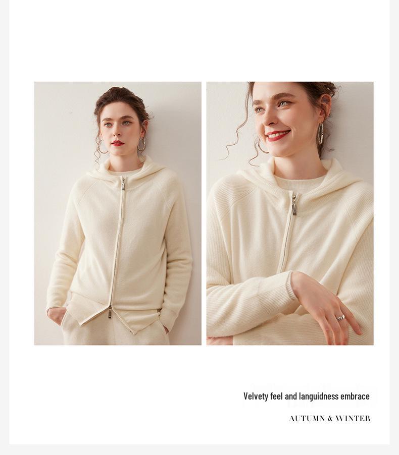 Women's Hooded Double Zipper Cashmere Sweater - Autumn/Winter Solid Color Knit Cardigan, Long Sleeve Casual Commute Style