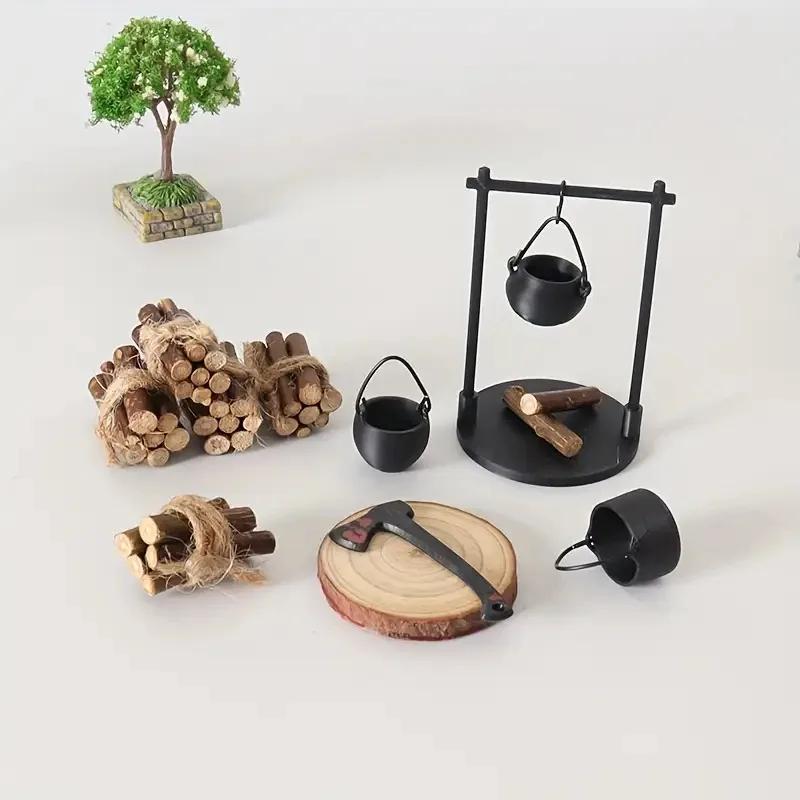 Mini Campfire and Teapot Miniature Statue Ornament Home Kitchen DIY Craft Accessories Desktop Photo Props Decor New Year Gifts