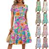 Women's Casual Fashion Round Neck Pleated Short Sleeve Floral Print A-Line Midi Dress