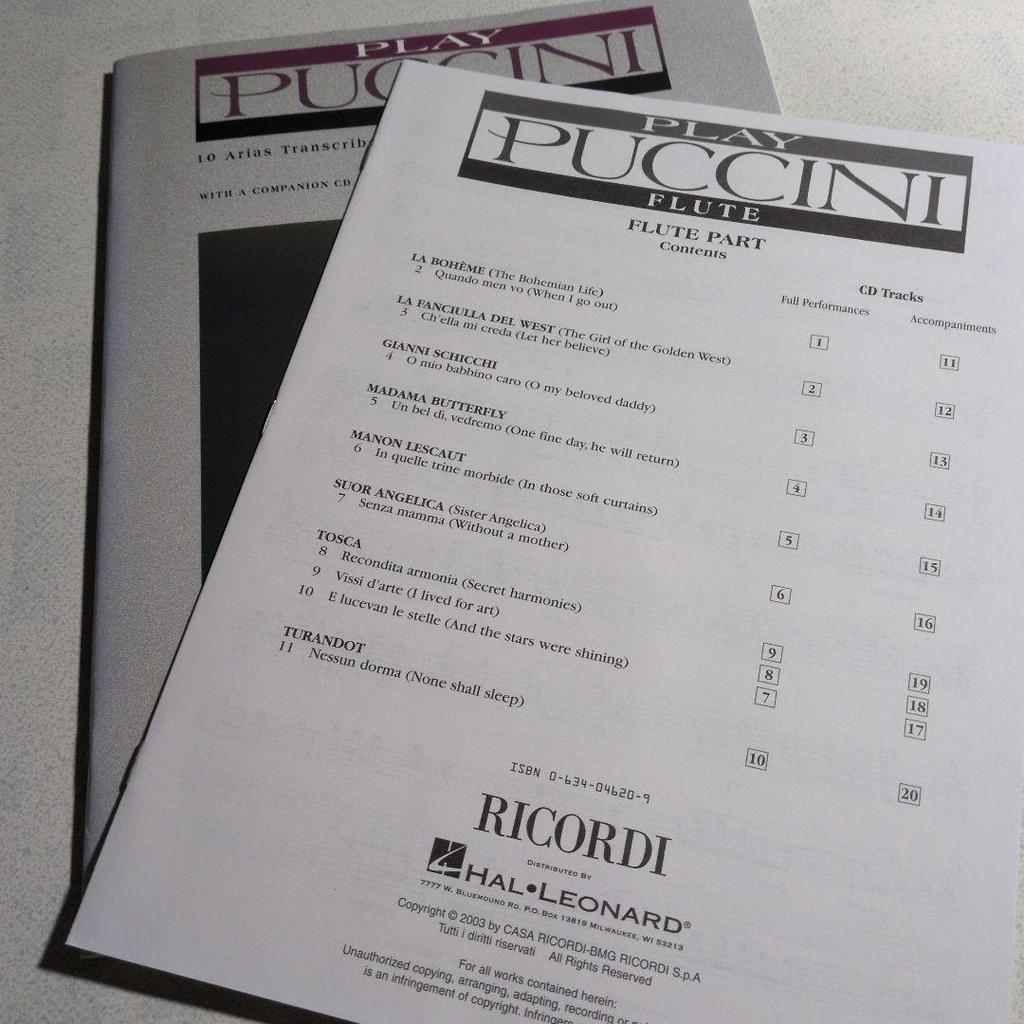 [USED] Sheet music Puccini 10 Arias Intermediate flute Part score with CD Foreign book