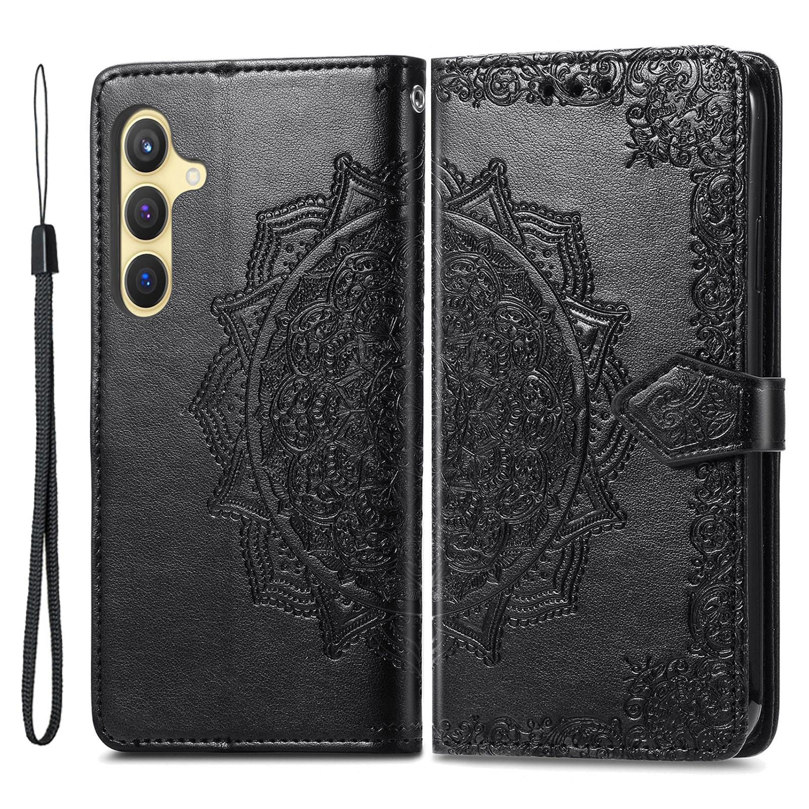 

For Samsung Galaxy S24 Phone Case PU Leather Embossed Mandala Wallet Cover Black