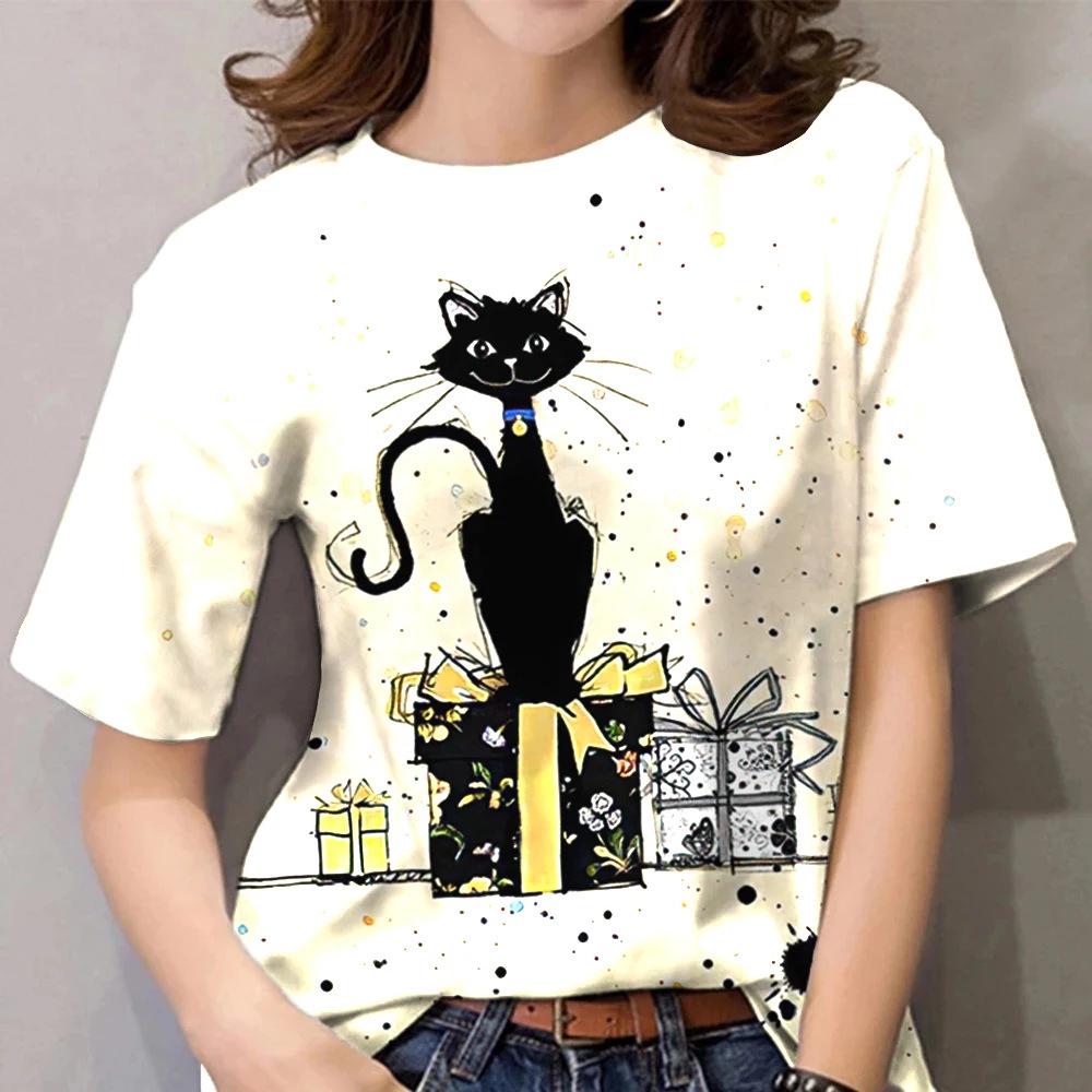Cute Cat Sketch 3D Printed Women's Harajuku Round Neck Short Sleeved T-shirt