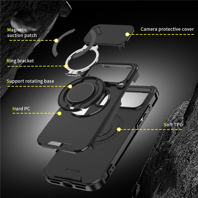 360°Rotating Ring Stand Holder Matte Phone Case for IPhone 17 Pro Max 16 15 14 Slide Window Lens Protect Shockproof Back Cover