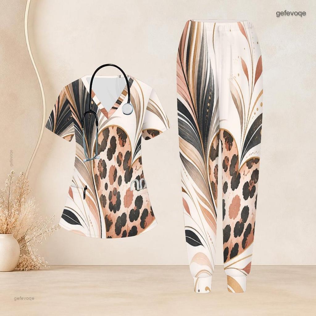 Women Plus Size V Neck Short Sleeve Scrub Set Wine Glass Leaf Abstract Art Print Nurse Uniform Set