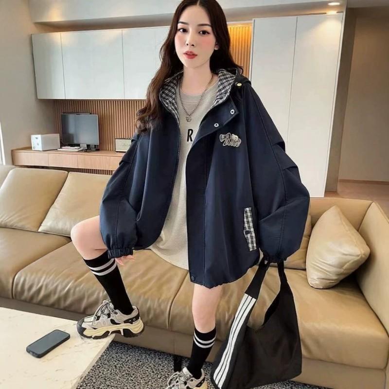 Sweet Cool Hooded Blooming Jacket Teen Girls Loose Fit Plaid Patchwork College Style