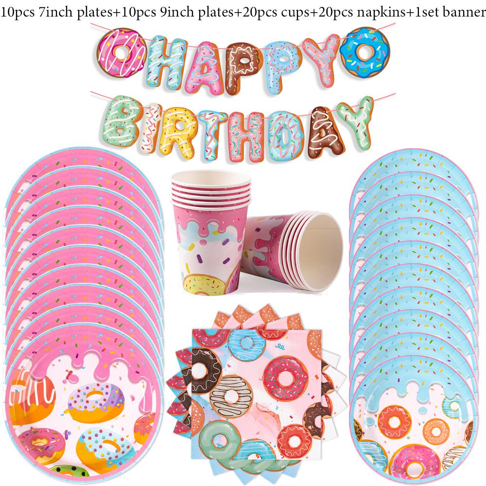 Donut Themed Birthday Tableware Set Pink Donuts Paper Napkin Plate Cup Tablecloth Donut Grow Up Birthday Party Baby Shower Decor