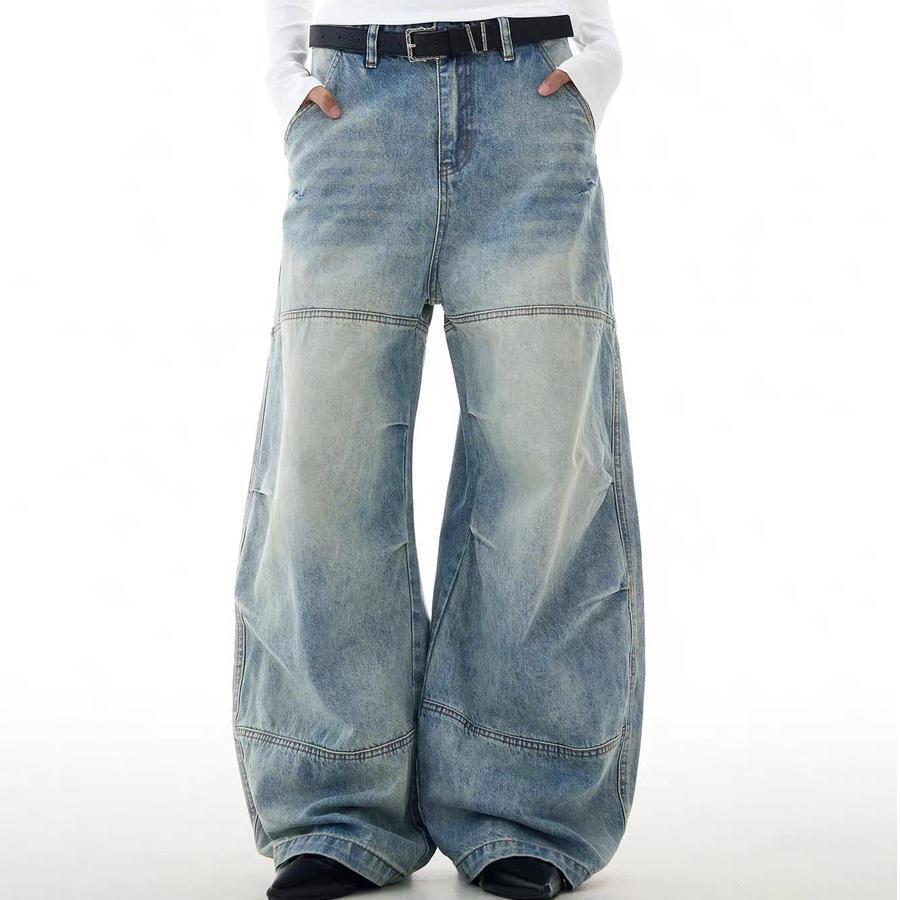 Retro straight ripped American versatile wide-leg pants long feel loose and old design jeans men's summer washing