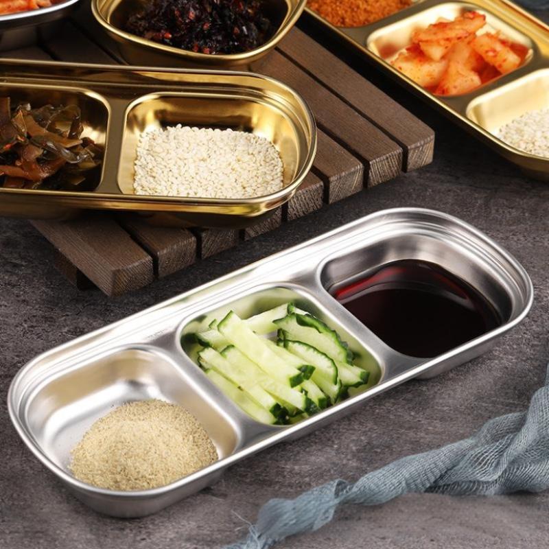 Talerz obiadowy ze stali nierdzewnej 304 w stylu koreańskim, złoty talerzyk do maczania, talerzyk na sos, naczynia stołowe do grilla, wielofunkcyjne naczynia stołowe