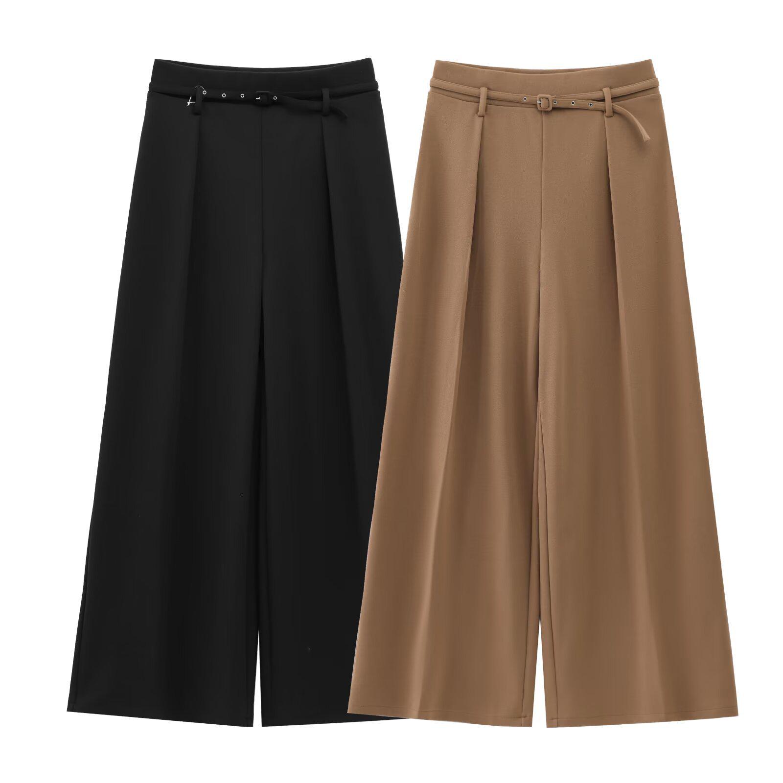 

2025 Spring Women s Solid Color Belted Loose Wide-Leg Casual Long Pants Large