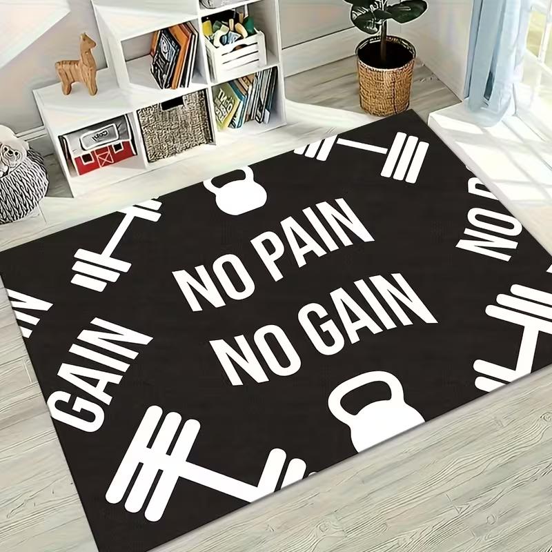 Gym "NO PAIN NO GAIN" Barbell Print Area Rug Soft Non-Slip Home Gym Carpet Retro Workout Decor Rug for Home Gym Living Room