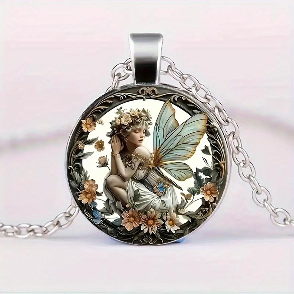 A retro style angel fairy round pendant fantasy flower fairy time gem pendant necklace suitable for daily wear