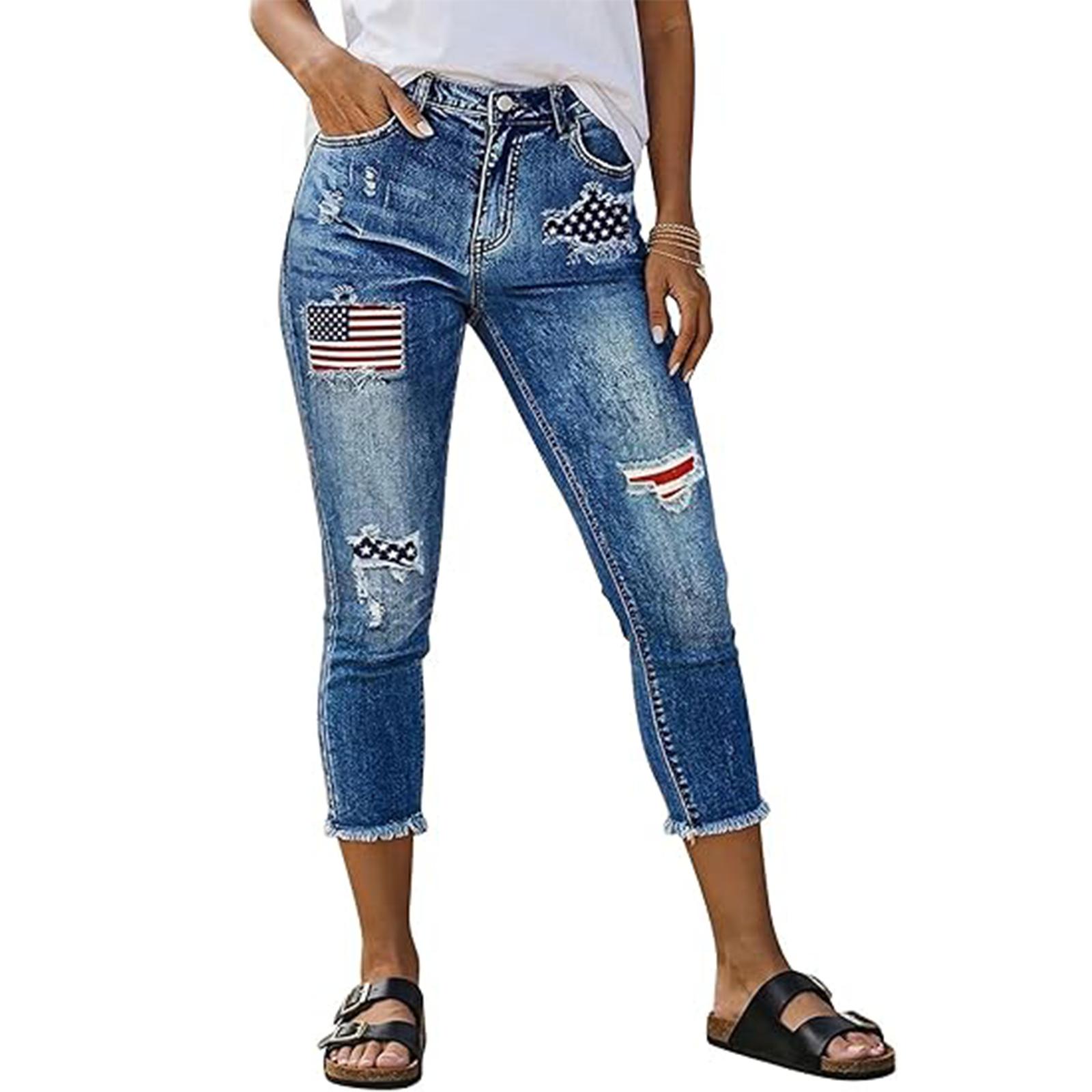 Women s Mid Rise Cropped Skinny Jeans Distressed Denim Patchwork American Flag Pattern Casual Pants with Frayed Hem L