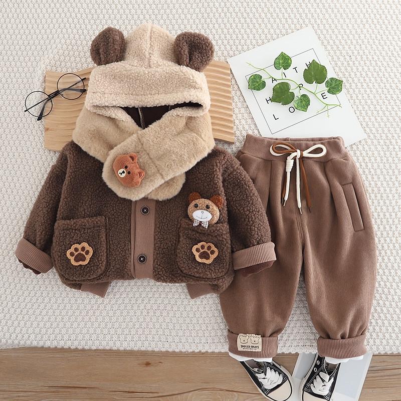 Girl Baby Clothing Set Boys Winter Plush Set Baby Children Thick Coat Pants Two Piece Set