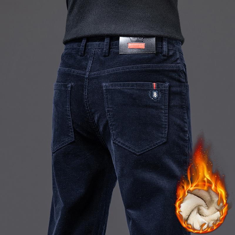 Pánské zimní polstrované business kalhoty jednobarevné pruhované ležérní rovné manšestrové kalhoty