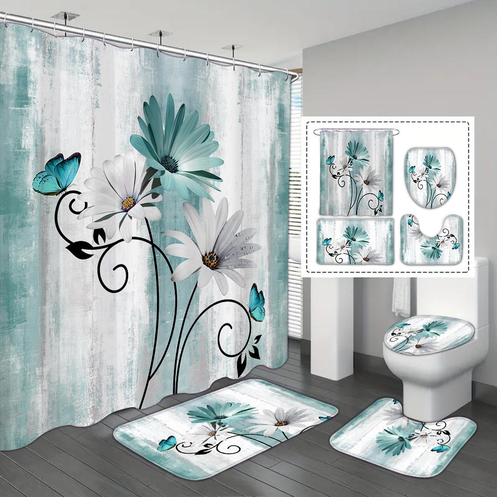 4-piece Set of Blue White Jade Orchid Waterproof Printed Shower Curtains with 12 Hooks, Bathroom Floor Mats