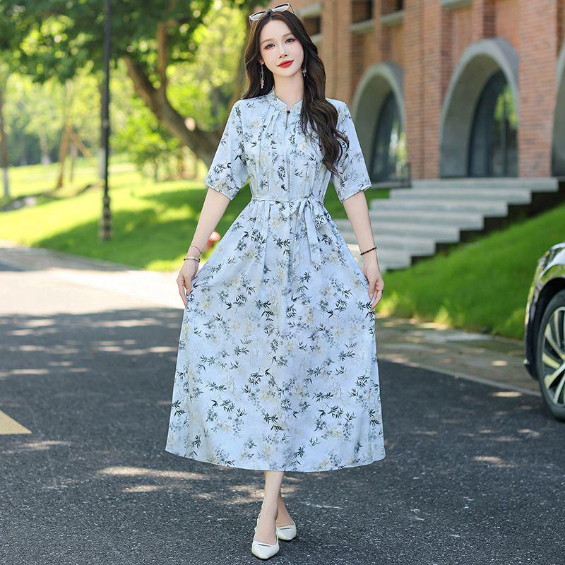 Kwiatowa Sukienka Midi Plus Size z Bawełny i Jedwabiu na Lato - Elegancki Chiński Styl