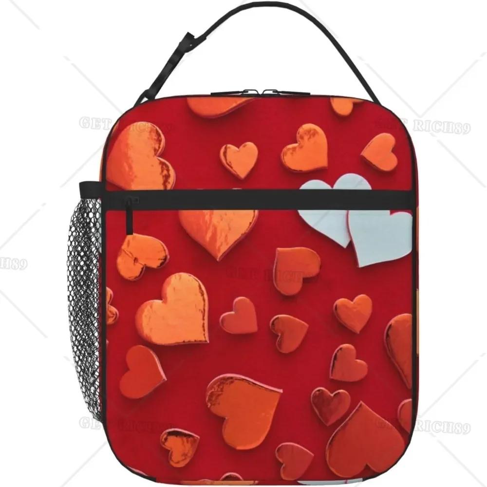 Bedruckte Valentinstag-Lunchtasche mit Seitentasche für Frauen Liebesherzen Isolierte Box Thermische Mahlzeitentrage für Arbeit Picknick Büro