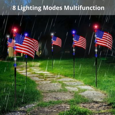 8Pcs Solar Stake Lights Waterproof Outdoor LED Pathway Lights with 8 Modes Red White Blue Solar Powered Garden Stakes Lights for Independence Day 4th