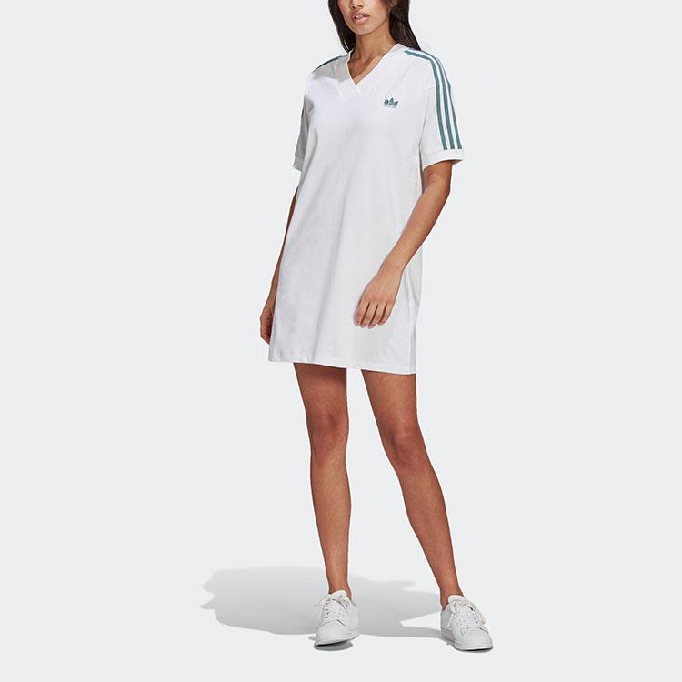 Adidas Originals Trefoil Tee Dress Comfortable V-Neck Short Sleeve Dress Women Dresses White GN2848