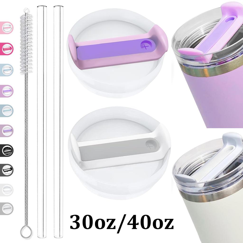 30oz/40oz Tumbler Lid Replacement Fit for Stanley Cup 2 Pack Replacement Tumbler Lids with 2 Straws and 1 Cleaning Brush Cup Holders 5