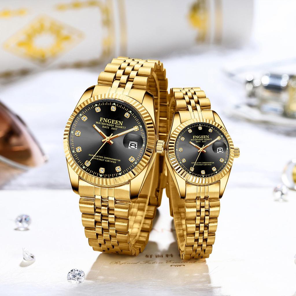 Watch Stainless Steel Strap Calendar 3ATM Water Resistant Stylish Analog Display Japanese Quartz Watch Gold Leisure Business Women Fashion Accessories