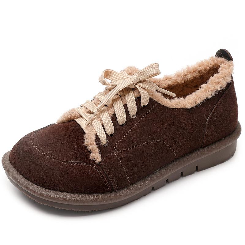 Fashion GKTINOO Loafers Winter Women Cow Suede Leather Round Toe Lace-up Warm Comfort Soft Sole Ladies Flat Fur Shoes Big size 43