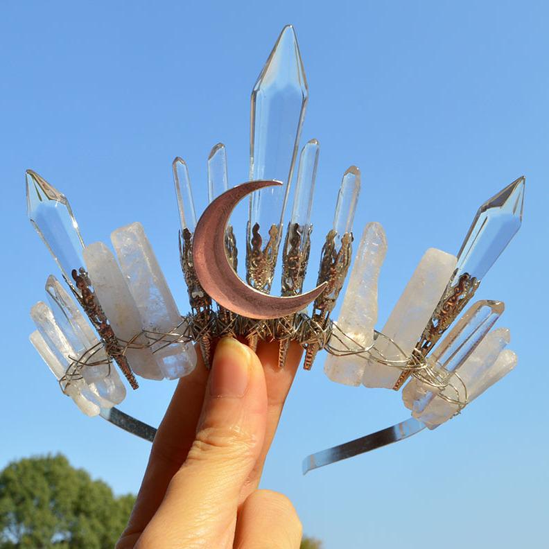 Handmade Natural White Crystal & Silver Moon Crown Headband