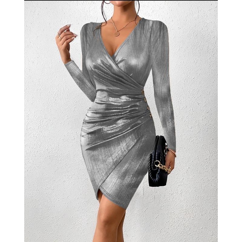 

New sexy hip wrap fashion collar slit solid color dress women XXL