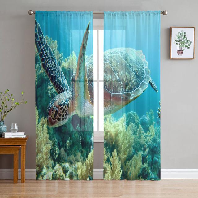 Blue Ocean Green Turtle Tulle Curtains For Bedroom Modern Voile Curtains Home Decoration Window Curtains