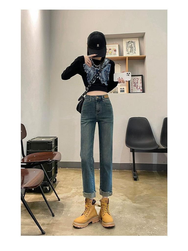 Women's High-Waisted Slim-Fit Straight-Leg Jeans - Petite Cropped Cigarette Pants for Autumn/Winter 2024