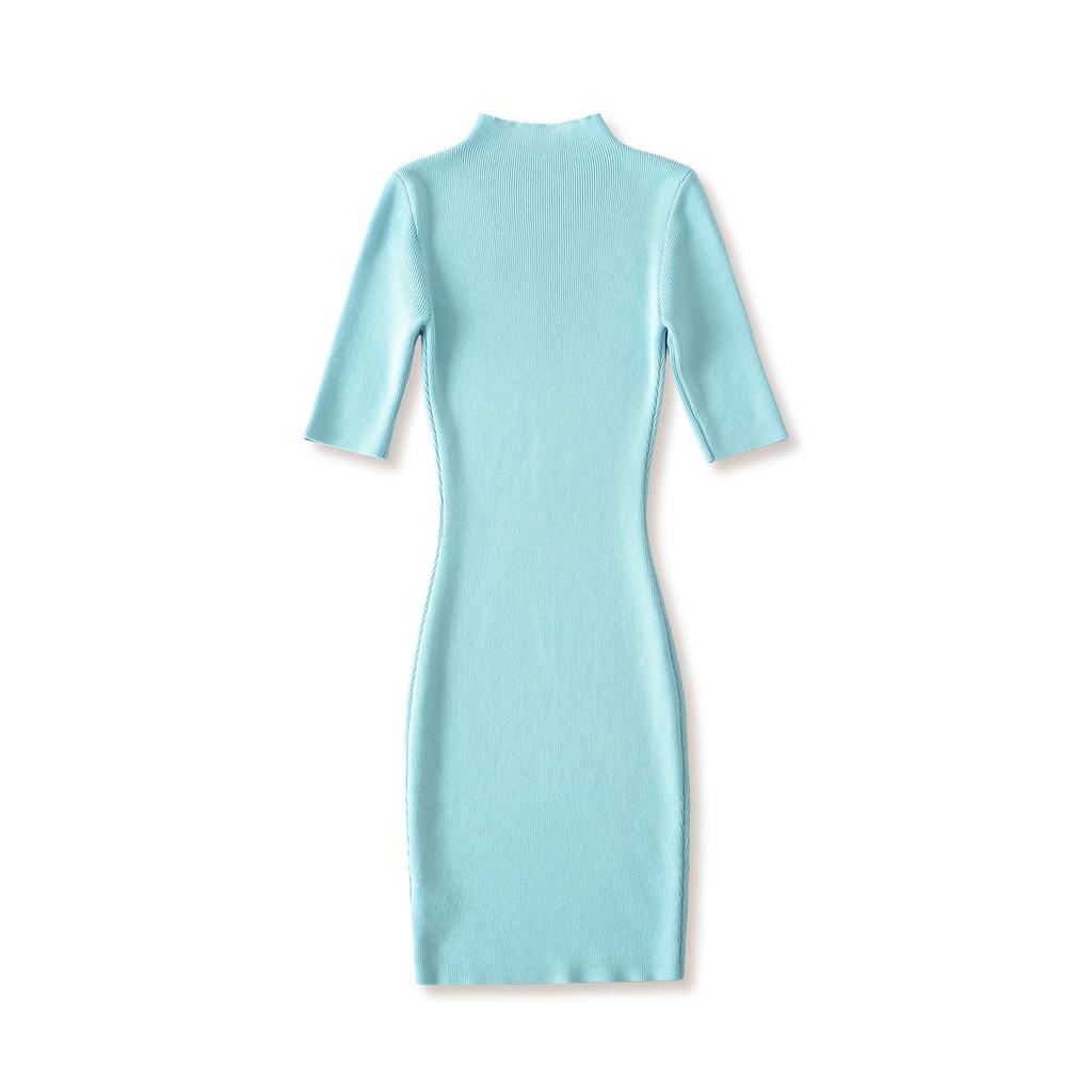 American Spicy Girl Sexy Half-High Collar Mini Dress with Waist-Cinched A-Line Skirt and Five-Point Sleeves