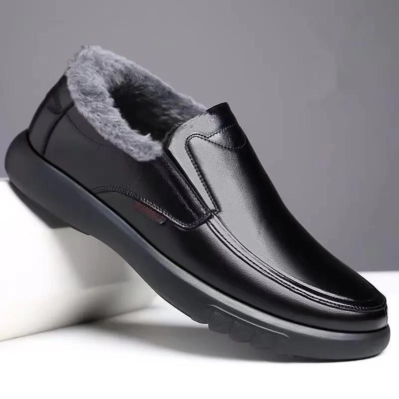 Winter Warm Fur Loafers Men Leather Casual Shoes Men Walking Footwear Non-slip Thick Sole Warm Men's Sneakers Leather Moccasins
