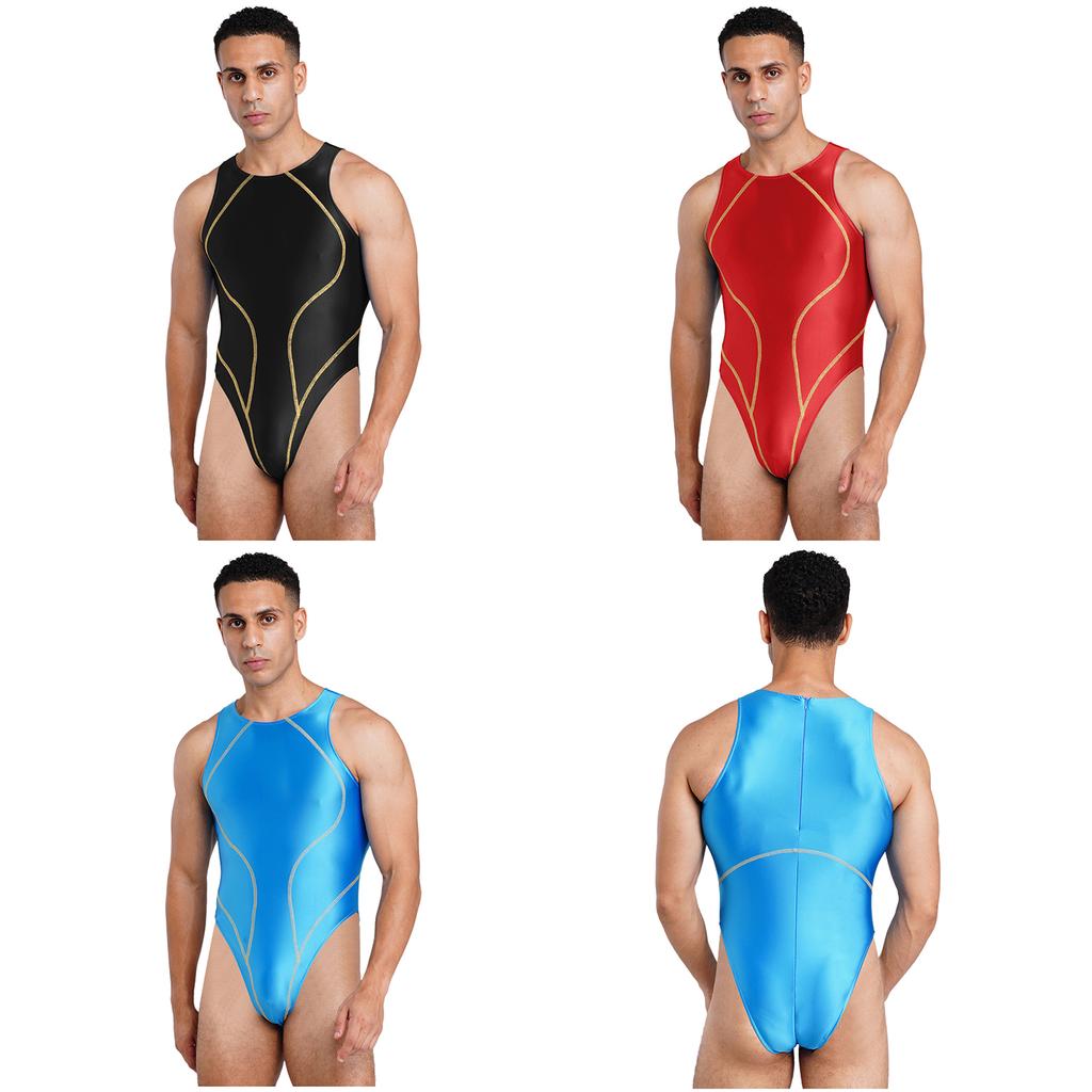 Costume da bagno intero da uomo lucido effetto olio Blocco di colore Senza maniche Taglio alto Body Costumi da bagno per prendere il sole in spiaggia S-XXL